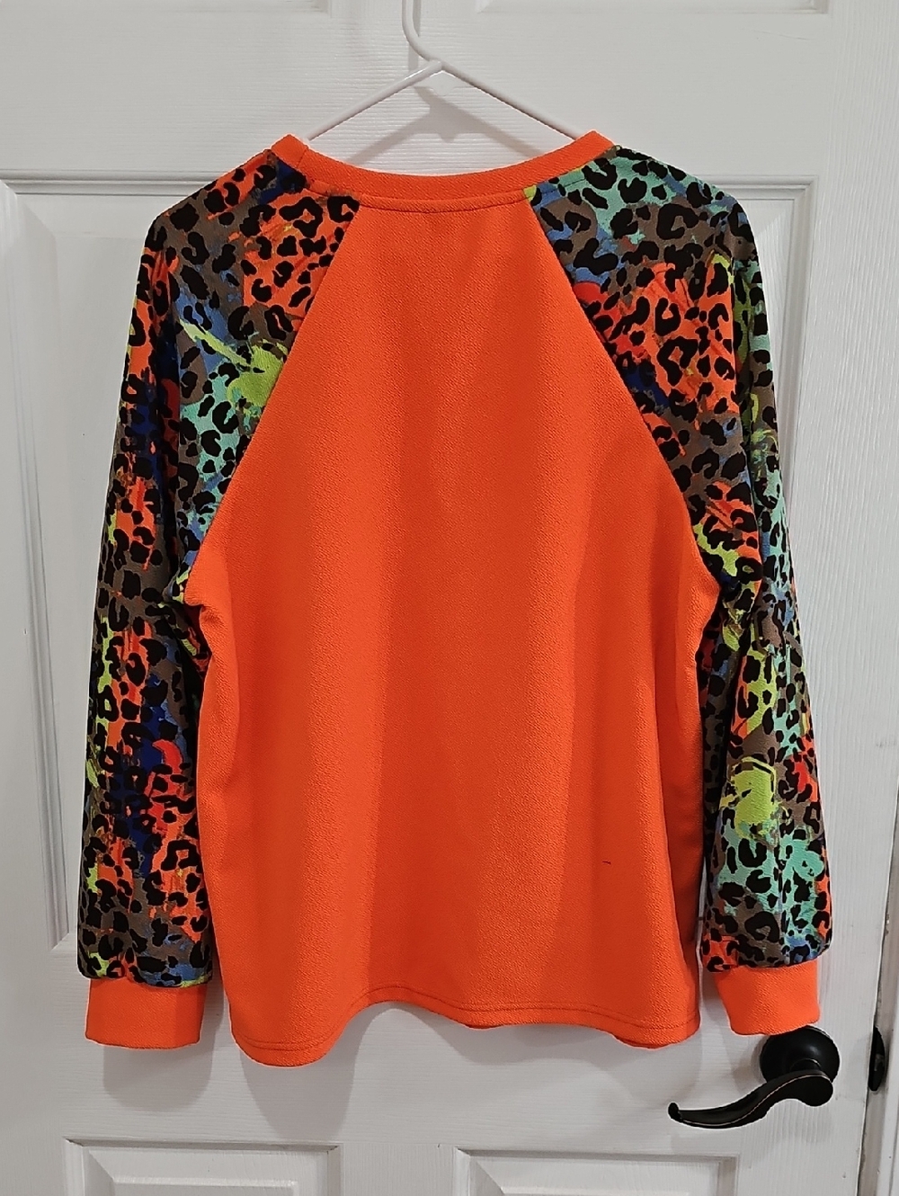 Women's Orange Sweatshirt with Multicolor Animal-Print Raglan Sleeves - Picture 7 of 7